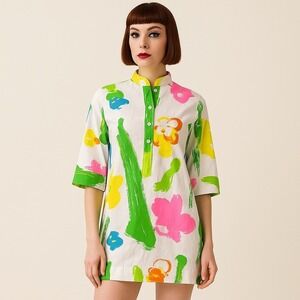 Vintage 70s CATHERINE OGUST M Neon Abstract Floral Tunic Mini Mod Dress